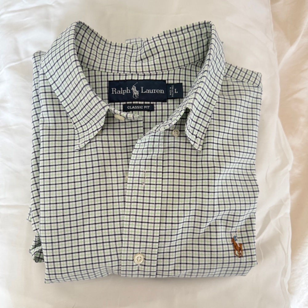 Ralph Lauren Classic Fit Button-Down Shirt Green Navy Check – Size L